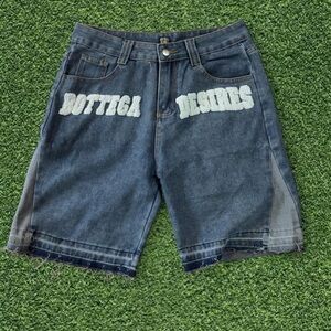 Bottega Veneta Dark Blue Denim Shorts with Chenille Lettering